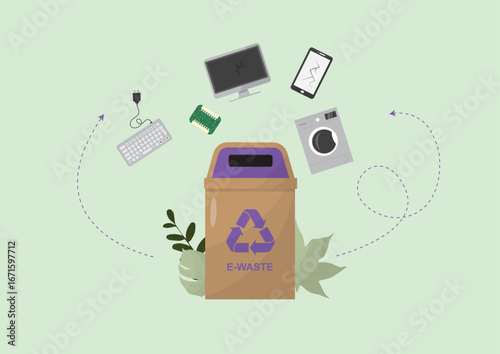 Electronic Device Recycling. Electronic devices with e-waste recycling bin representing sustainable technology disposal and recycling process. E-waste concept. Waste management. Vector illustration