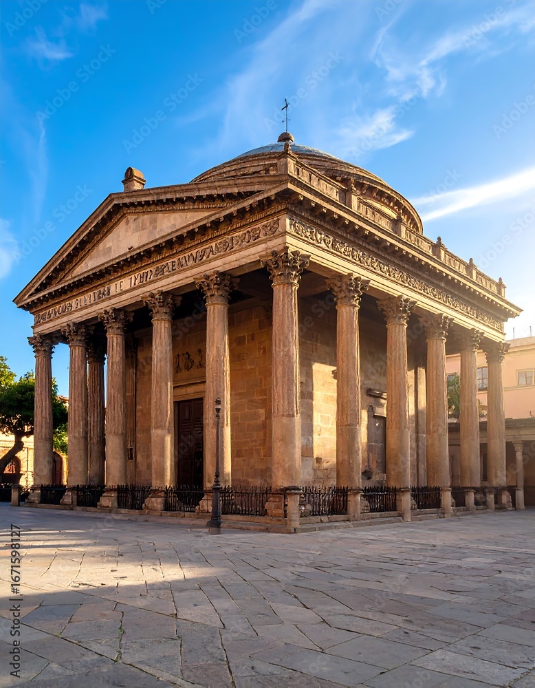 Obraz premium A stately ancient building with classical columns and a domed roof stands in a sun-drenched plaza.