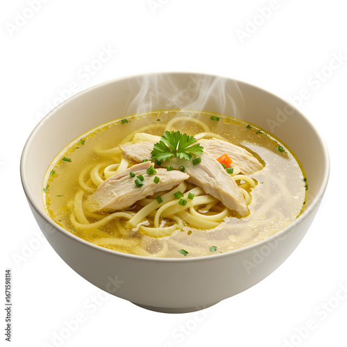 bowl of chicken noodle soup isolated on white or a transparent background, PNG format.