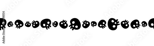 Seamless frame with black skulls isolated on white background. Halloween header with death symbol. Hand drawn frame for party decor, banners, invitations, mailers, backdrops
