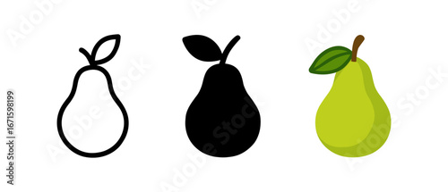 Pear trio: outline, silhouette, and flat color variations on white background