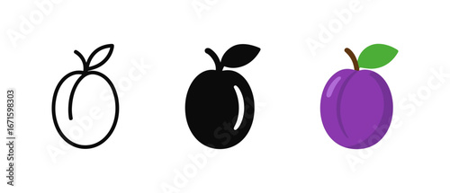 Minimalist plum icons: outline, silhouette, and flat color variations
