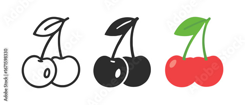 Triple cherry icons in linear, silhouette, and color styles