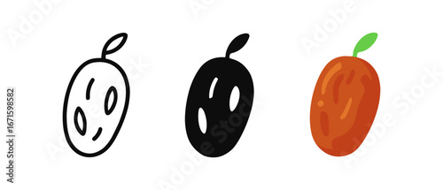 Trendy minimalist fruit icons in black, white, and color variations
