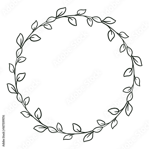 Black floral frames in line art, branch and leaves. Elegant floral wreath template. Hand drawn illustration for labels, wedding invitation, greeting card.