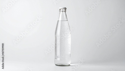 A clear glass bottle of sparkling water, filled to the top, rests against a plain white backdrop.
