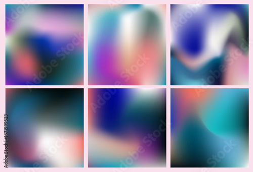 Vector illustration in modern abstract style, featuring six colorful gradients with soft, blurry shapes. Colors include blue, turquoise, pink, black, and white. Theme: fluid, dreamy, digital art.