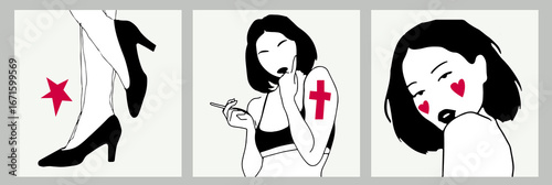 Vector illustration in minimalist pop art style, using black, white, and red. Features women, heels, a heart, and a star—highlighting fashion and femme attitude with bold, simple shapes.