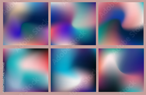Vector illustration in modern abstract style, featuring six colorful gradients with soft, blurry shapes. Colors include blue, turquoise, pink, black, and white. Theme: fluid, dreamy, digital art.