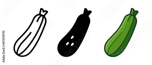 Trio of zucchini: outline, silhouette, and colorful illustration on white background