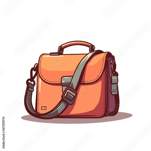 Orange leather briefcase with shoulder strap on white background  