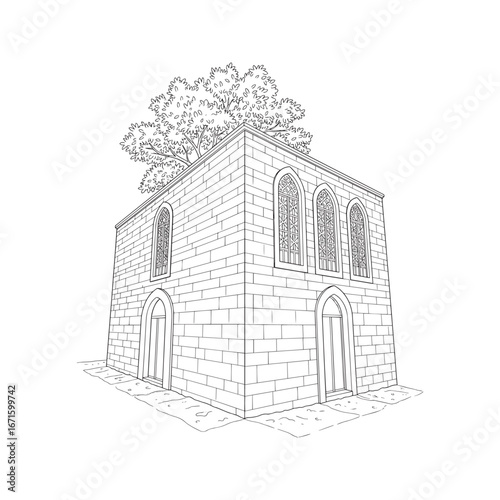 Hand-drawn architectural ink sketch of a historic stone building in Uchisar, Cappadocia.
