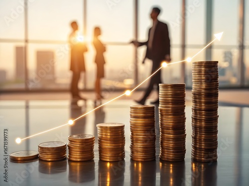 Business Growth and Financial Success Concept with Stacked Coins and Rising Graph