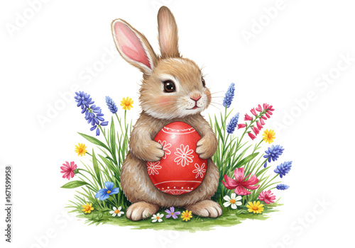 Isolated Easter bunny holding a decorated egg in colorful spring flowers, watercolor art