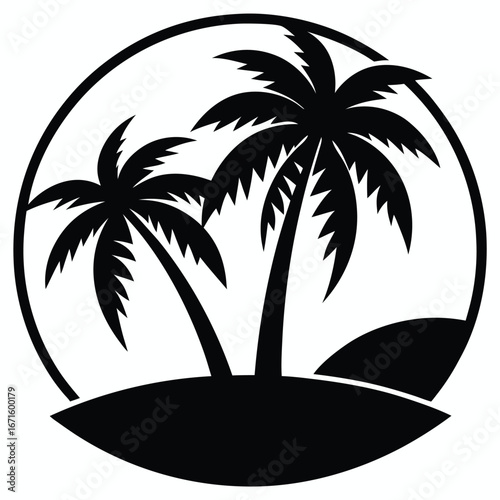 Black silhouette of two palm trees on a tropical island inside a circle emblem