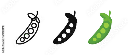 Linear, silhouette, and flat green pea pod icons for healthy food themes