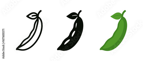 Three pea pod designs: outline, silhouette, and colored versions