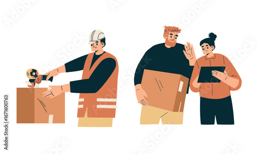 Essential Teamwork for Unpacking and Organizing Boxes A Scene in a Modern Workplace Setting