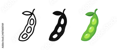 Trio of edamame: outline, silhouette, and colorful pod varieties