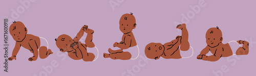 Little babies in different positions. Cute characters in diapers. Playing, sitting, lying, crawling baby. Happy newborn boy or girl. Hand drawn Vector illustration. Isolated design elements 
