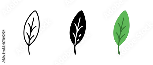 Stylized leaf icons in outline, solid, and color variants on white background