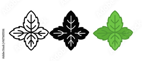 Mint leaf trio: outline, silhouette, and colorful green styles in nature-themed design