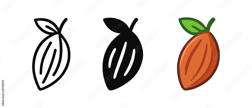 Cocoa bean icons: monochrome and colored variants in minimalist style