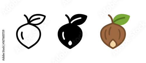Monochrome and color variations of simple linocut style peaches with leaf details