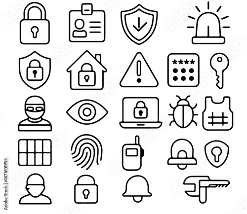 Security icons set in a graphic illustration, meticulously crafted to convey vigilance and protection, perfect for conveying safety and safeguarding themes.