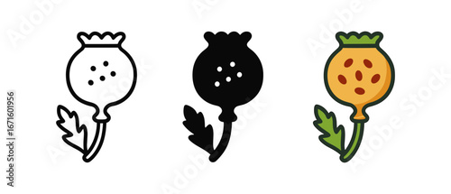 Stylized poppy capsules: outline, silhouette, and colored variations
