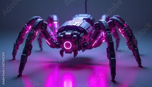Mechanical Spider Robot Shining Brightly in Purple Neon Cyberpunk Glow