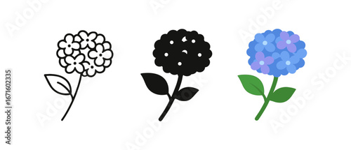 Minimalist hydrangea flower icons in monochrome and color