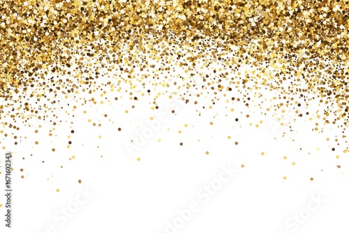 Sparkling cascade. A shower of golden glitter falling from the top, dense at the start & fading toward the bottom, against a clean white background