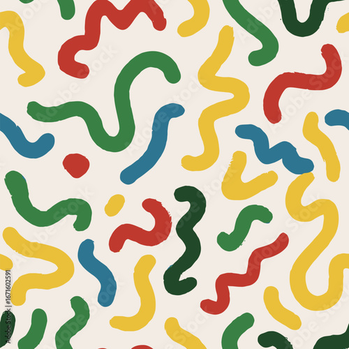 A lively and vibrant abstract pattern showcases wavy lines in red, green, blue, yellow, and light tones. This design adds energy and playfulness to any creative project.