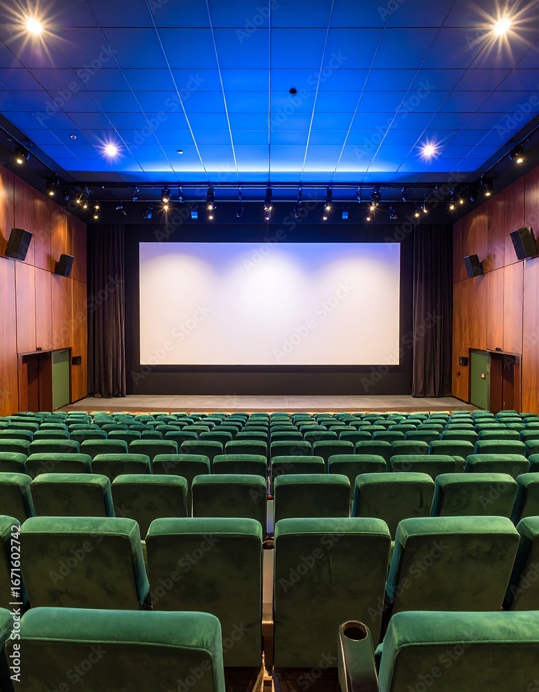 Fototapeta premium A spacious cinema hall with rows of emerald green velvet seats, a large white screen, and a vibrant blue ceiling.
