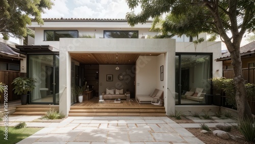 A modern, light-filled home extension showcasing a spacious patio area with glass walls and a wooden deck.