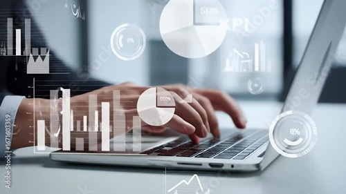 Closeup Hands Typing on Laptop with Holographic Charts