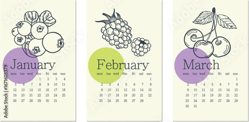 Vector calendar template with hand-drawn fruit and berry illustrations. Set for January, February, and March with a minimalist, clean design.