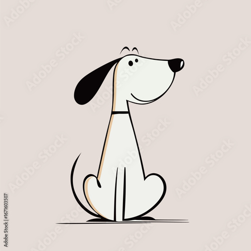 A cartoon dog sits happily with a big grin, showcasing a sleek white and black design. Its playful demeanor brings joy against a minimalist backdrop, exuding charm and friendliness.