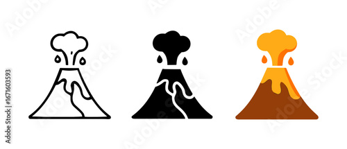 Three volcano eruption styles in linear, glyph, and colorful design