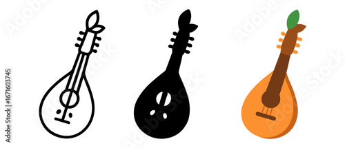 Mandolin icon set: outline, solid, and colorful designs