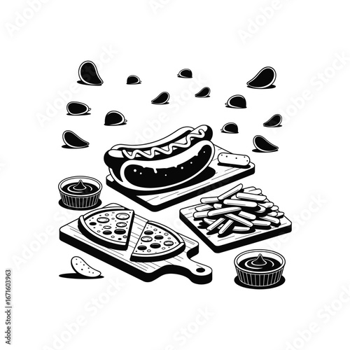 Classic american picnic food including hot dog pizza and french fries presented in a stylized illustration