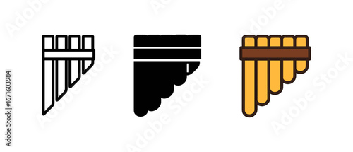 Pan flute icon set in three styles: outline, solid, and colorful flat design