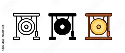 Triptych of gong designs: outline, solid, and colored