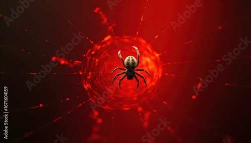 Dark Creepy Spider Crawling on Glowing Red Web Under Fiery Lights