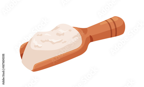Wooden scoop with wheat flour. Powder ingredient for baking and cooking, measuring and adding tool. Kitchen bakery tool, wood utensil with whey. Flat vector illustration isolated on white background