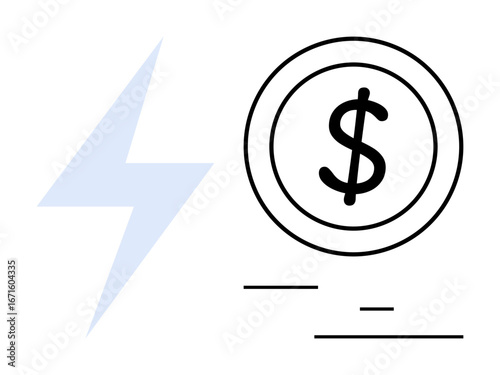 Lightning bolt and dollar coin suggest energy and financial themes. Ideal for energy costs, savings, efficiency, innovation, technology, investment, simple landing page