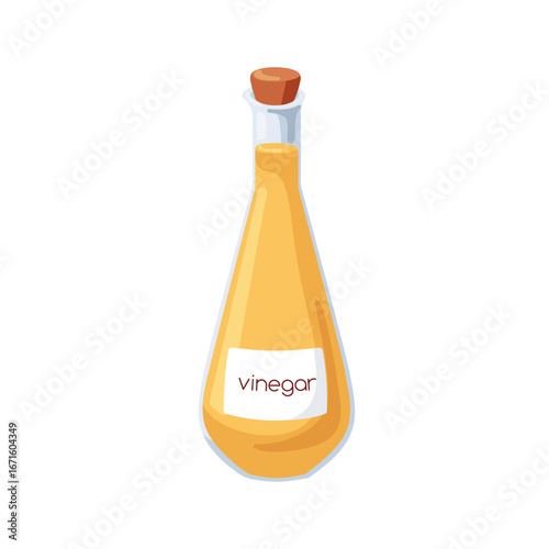 Apple cider vinegar in glass bottle. Transparent corked container with liquid condiment, flavor, dressing for cooking, baking. Culinary flat vector illustration isolated on white background