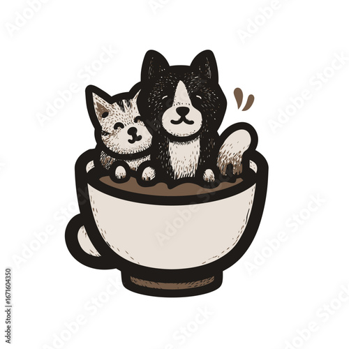 Two adorable companions, a cat and a dog, are cozily nestled together in a large coffee cup. Their playful expressions convey a heartwarming friendship that captivates with charm.