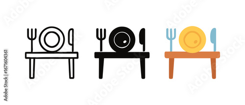Table set three styles: line, silhouette, and colorful dining cutlery and plate